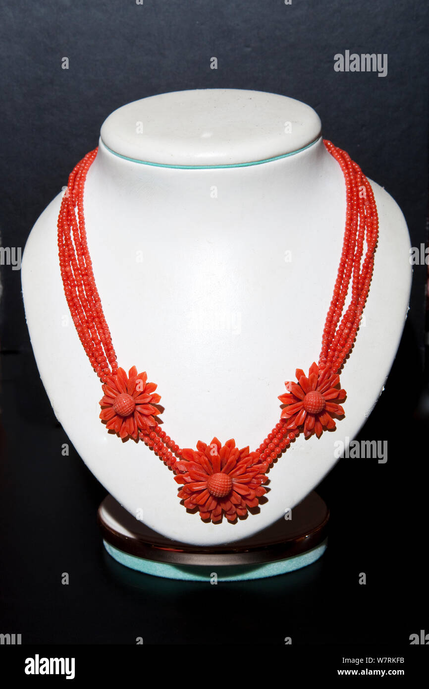 Collana realizzata dal Mediterraneo corallo rosso (Corallium rubrum) vulnerabili (IUCN), villaggio di Komisa, Isola di Vis, Croazia, Mare Adriatico, Mediterranea Foto Stock