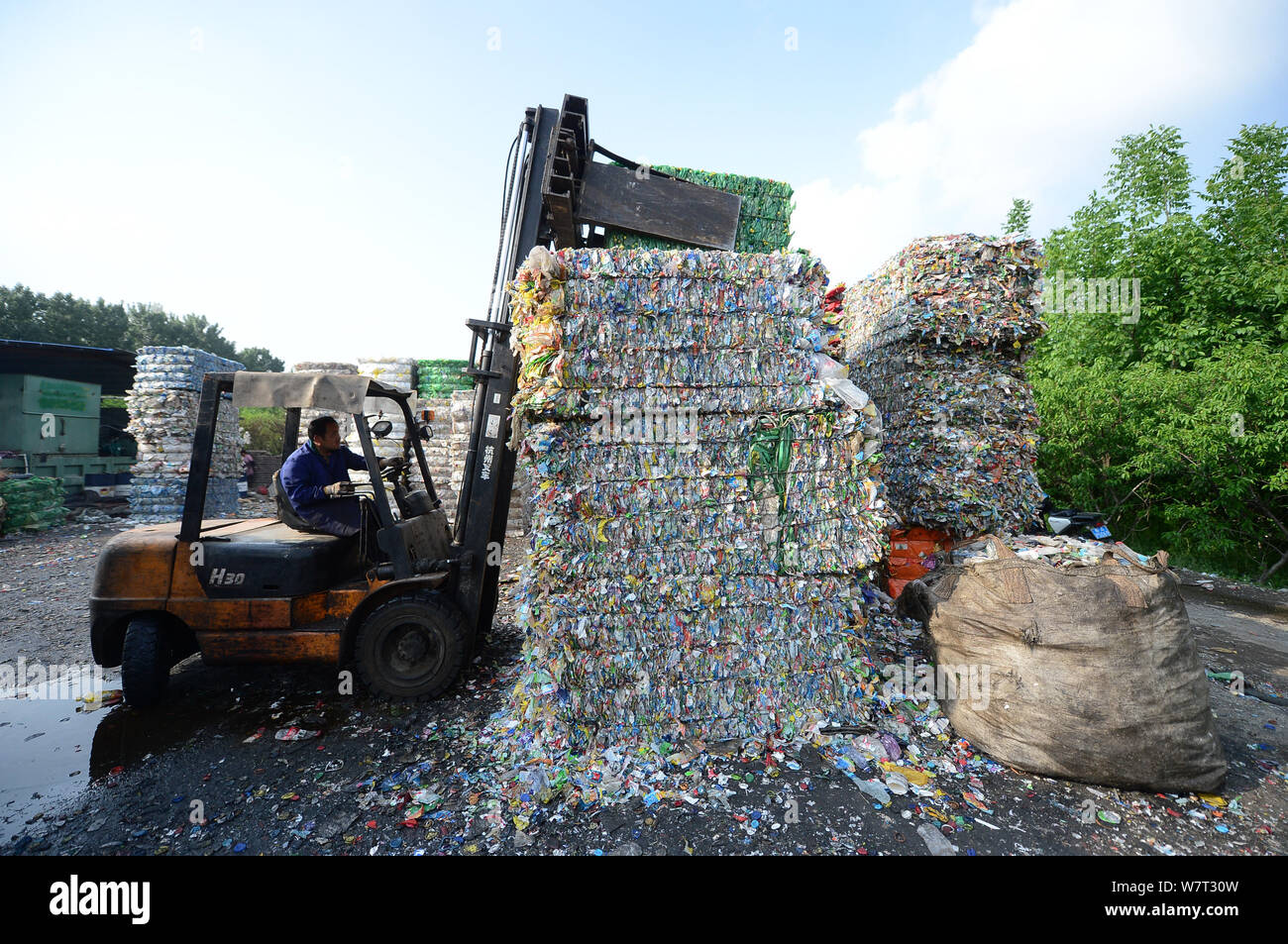 Un lavoratore cinese processi alte pile di bottiglie di plastica a bottiglia di plastica riciclaggio, che ha intrappolato un uomo in Ji'nan city, est della Cina di Sh Foto Stock