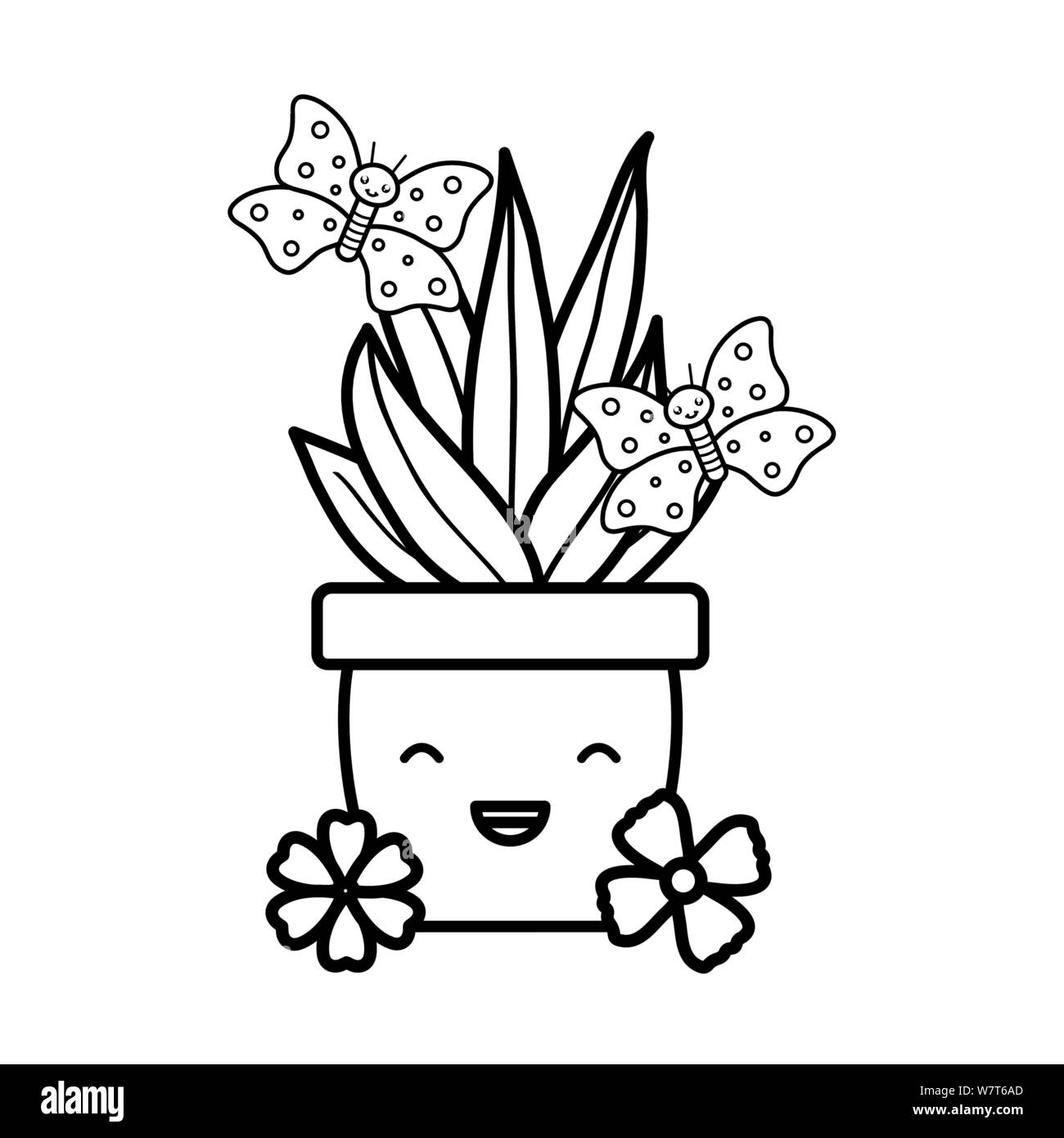 Pianta di casa in vaso di ceramica con farfalle kawaii style illustrazione vettoriale design Illustrazione Vettoriale