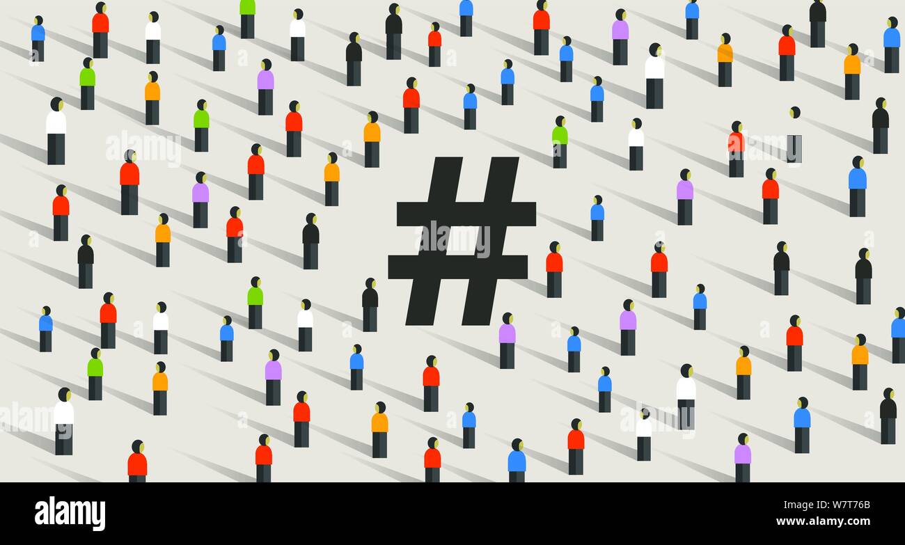 Icona hashtag grande gruppo di persone che hanno collaborato. In stile appartamento illustrazione vettore isolato su sfondo bianco. Illustrazione Vettoriale