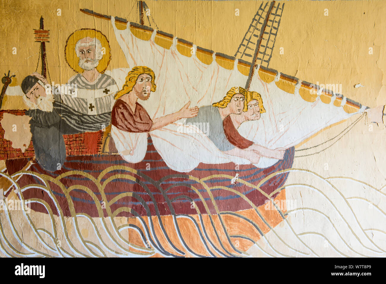 Pittura ad affresco di Gesù e i discepoli nella barca, chiesa di San Marcos, Finestres, Montsec Estall, Aragona, Spagna. Dicembre 2012. Foto Stock