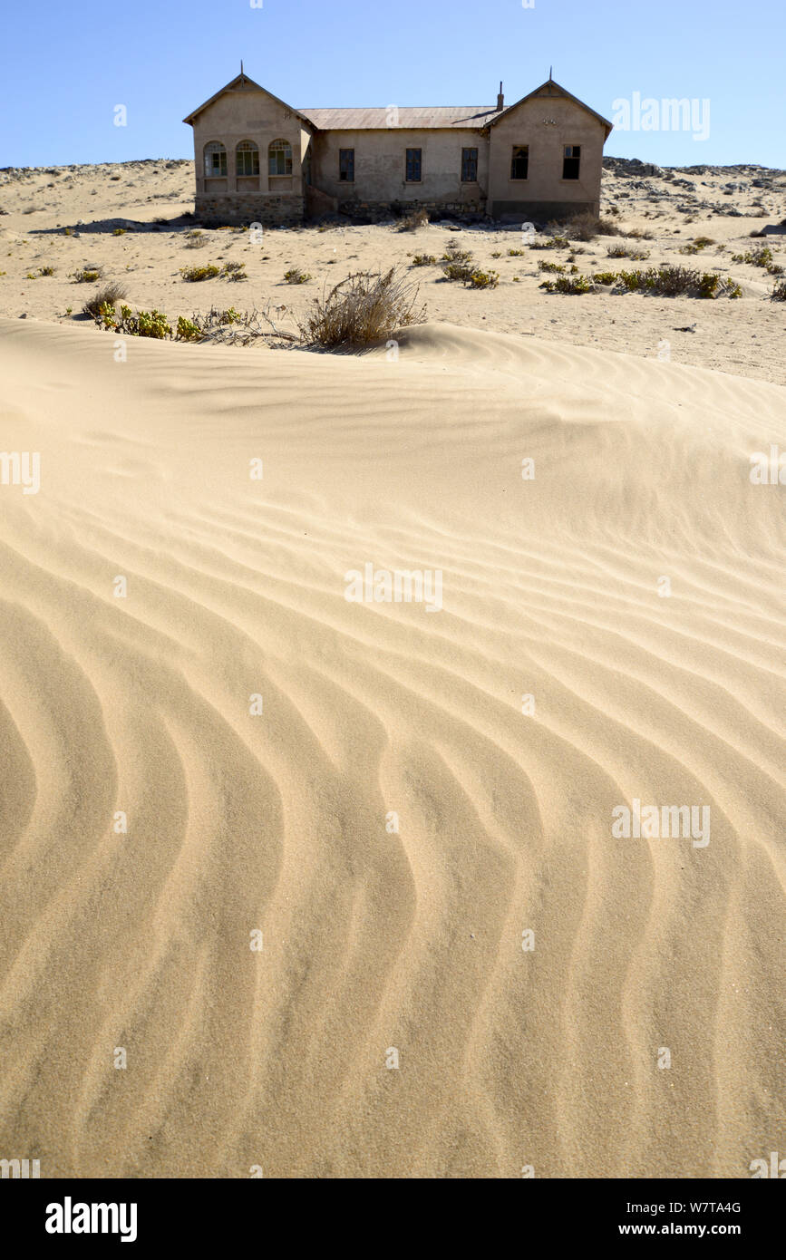 Casa abbandonata nelle dune di sabbia. Kolmanskop città fantasma, un vecchio diamond-città mineraria dove dune di sabbia in movimento hanno invaso le case abbandonate, Namib Desert Namibia, ottobre 2013. Foto Stock