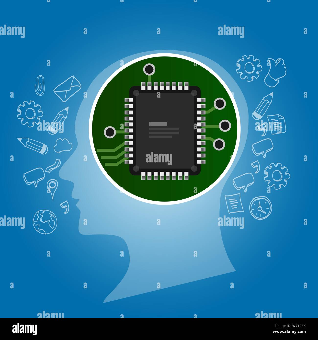 Intelligenza artificiale. Testa umana delineare con scheda di circuito chip processore interno. Tecnologia e concetto elettronico. Illustrazione Vettoriale
