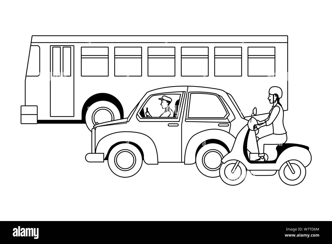 Veicoli e motocicli con driver di equitazione in bianco e nero Illustrazione Vettoriale