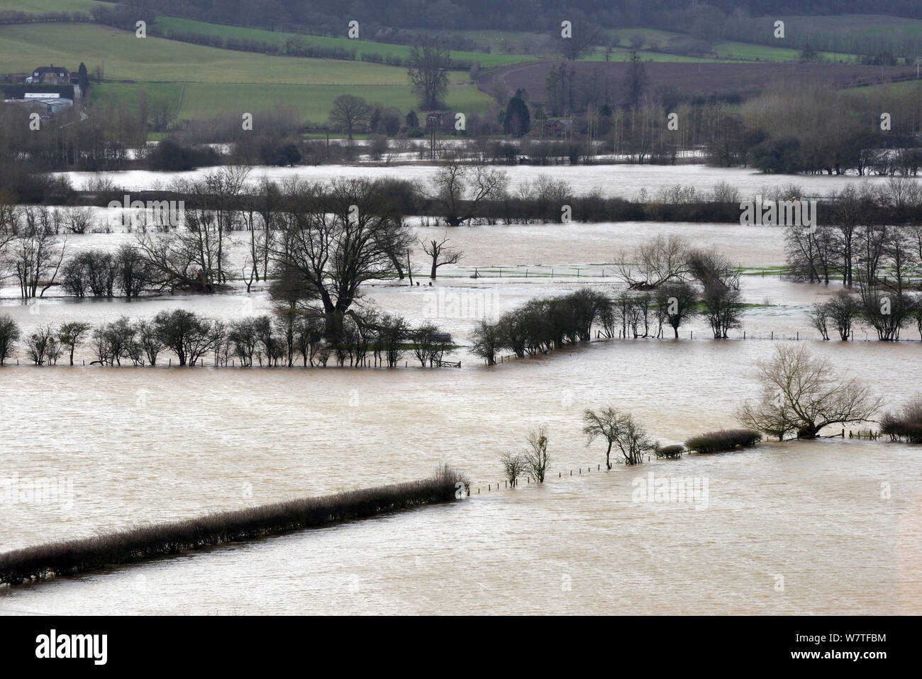 Pascoli inondati nella valle di Luggo, Herefordshire, England, Regno Unito, febbraio 2014. Foto Stock