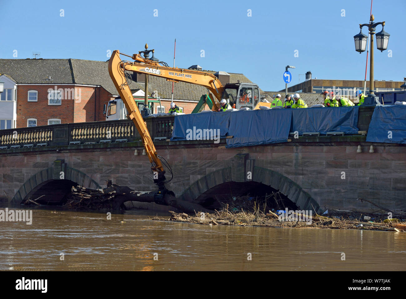 Rimozione della gru la zattera di detriti intrappolati da Worcester Bridge a causa di inondazioni record, Worcestershire, Inghilterra, Regno Unito. Il 16 febbraio 2014. Foto Stock