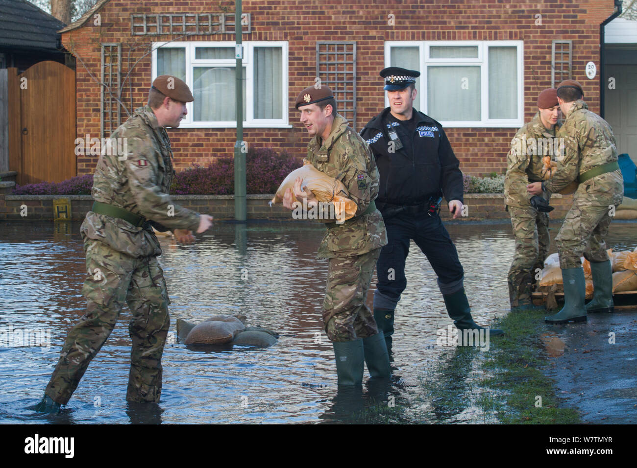 Esercito e polizia nella strada allagata dopo febbraio 2014 inondazioni, contribuendo a fornire supporto per i residenti e di alimentazione di sacchetti di sabbia, Chertsey, Surrey, England, Regno Unito, 16 febbraio 2014. Foto Stock