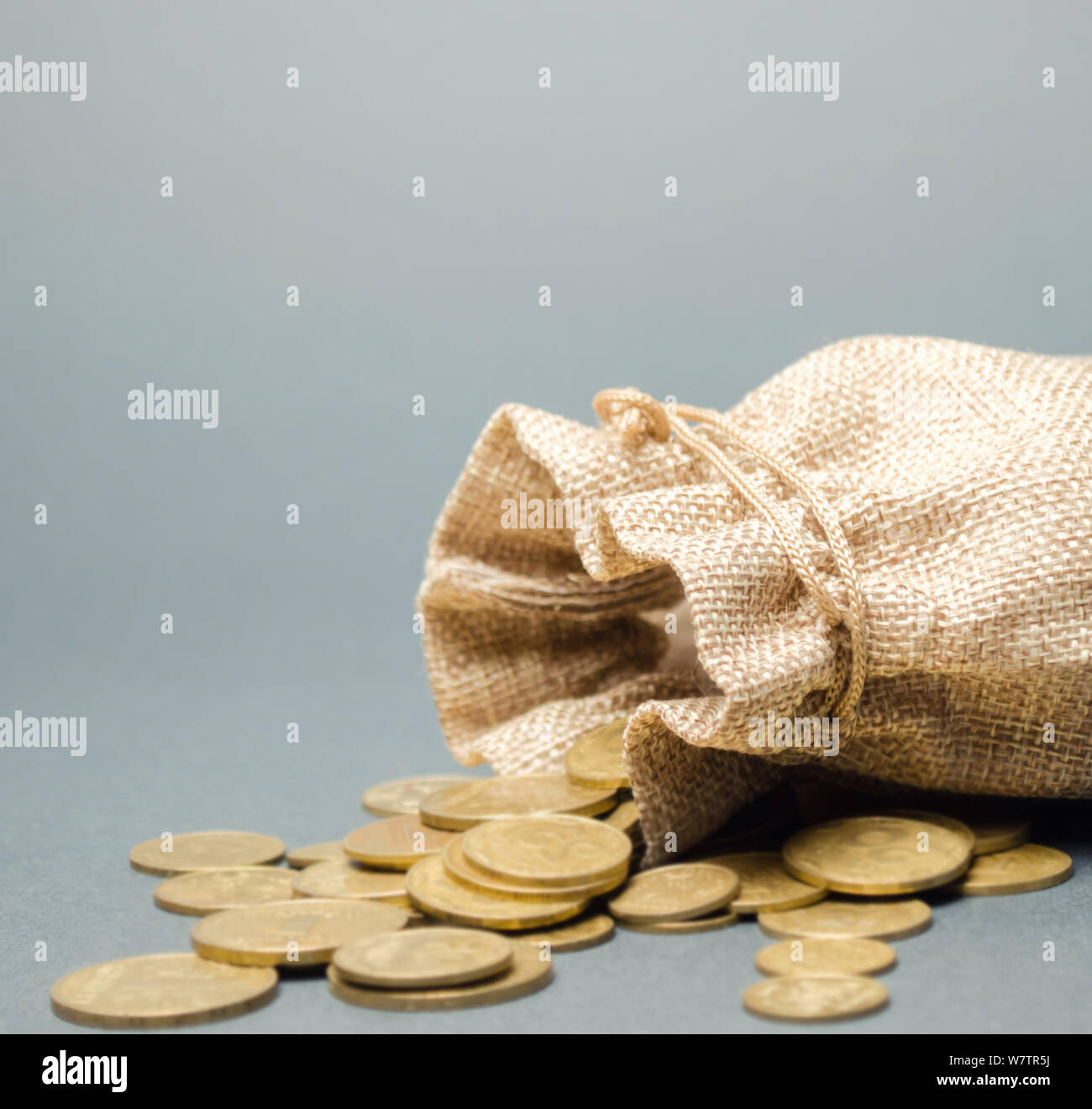 Sacco di denaro e monete in caduta da esso. Concetto di risparmio e dell'economia. Deposito. Il controllo dei costi. Il profitto e di liquidità. Gestione di cassa. Distribuzione di Foto Stock