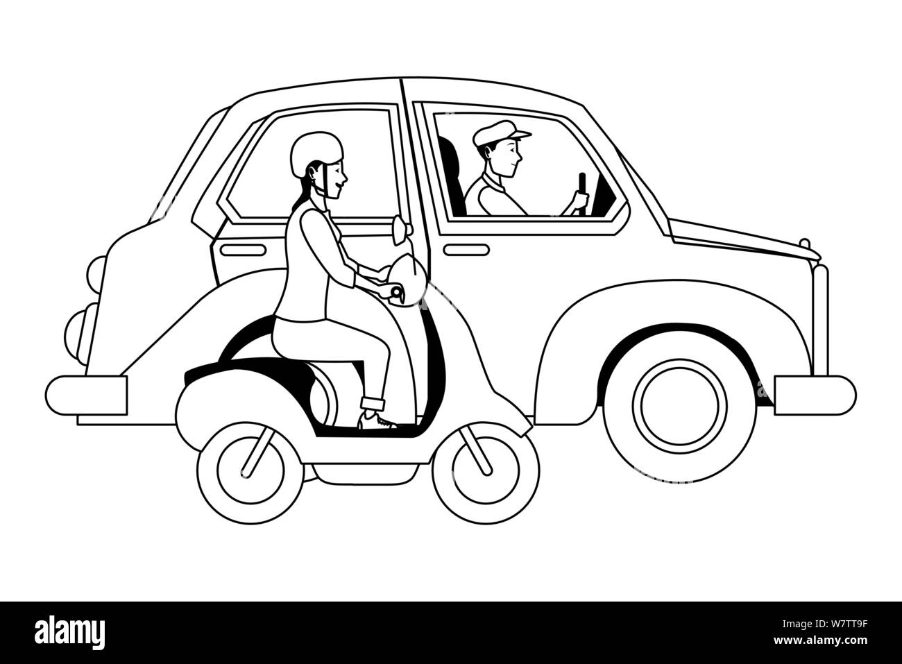 Il veicolo e il motociclo con driver di equitazione in bianco e nero Illustrazione Vettoriale