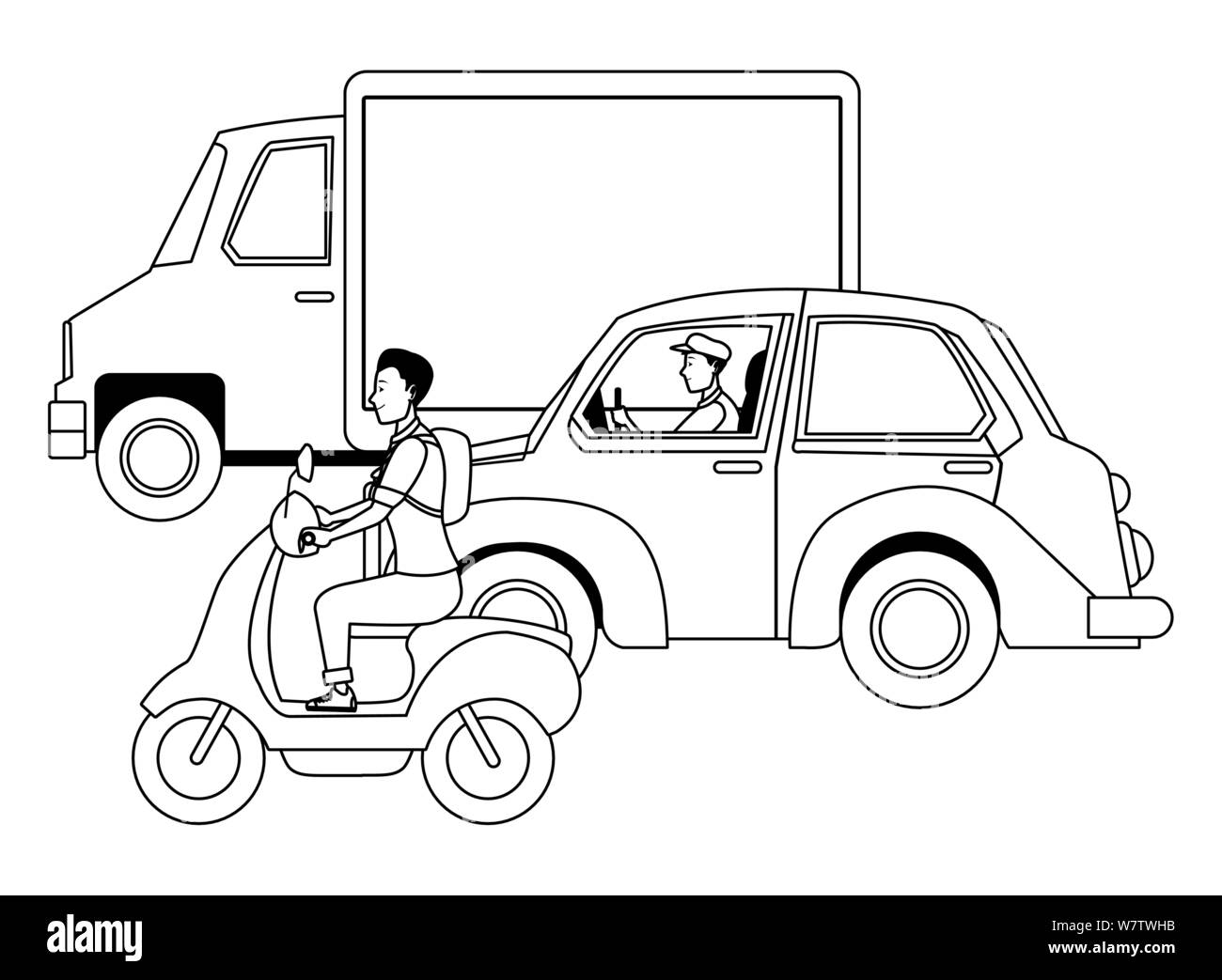 Veicoli e motocicli con driver di equitazione in bianco e nero Illustrazione Vettoriale