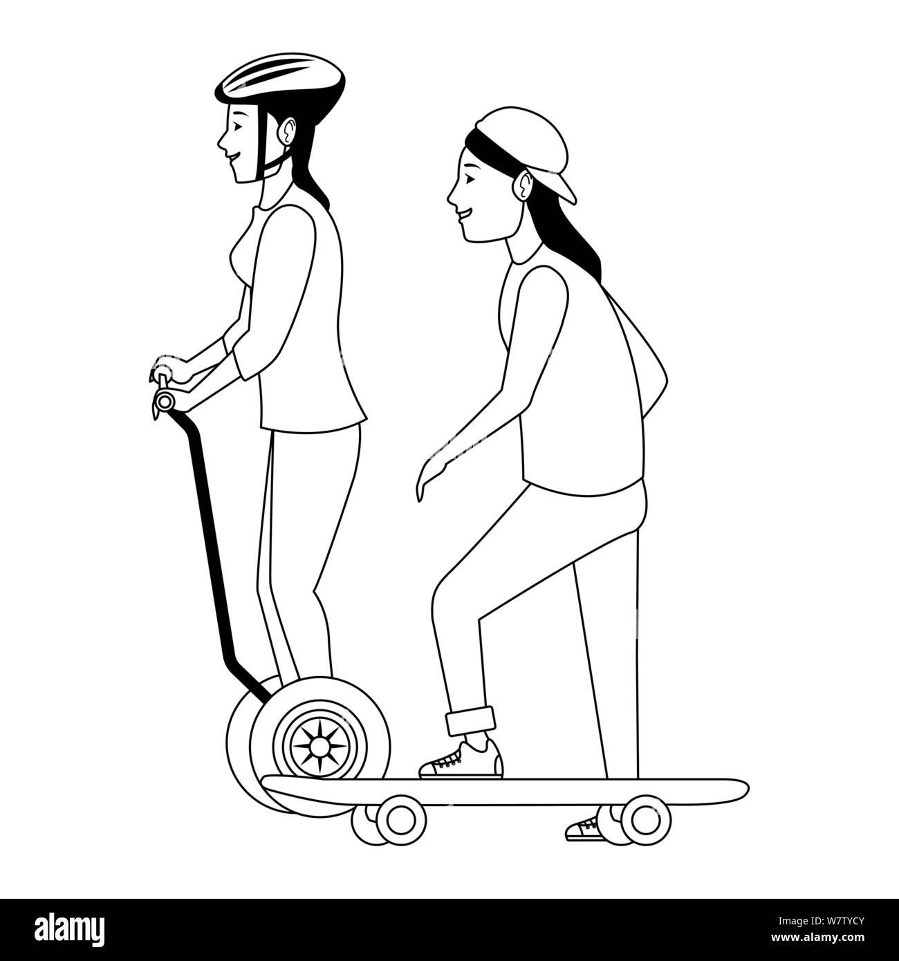 Amici con lo skateboard e scooter in bianco e nero Illustrazione Vettoriale