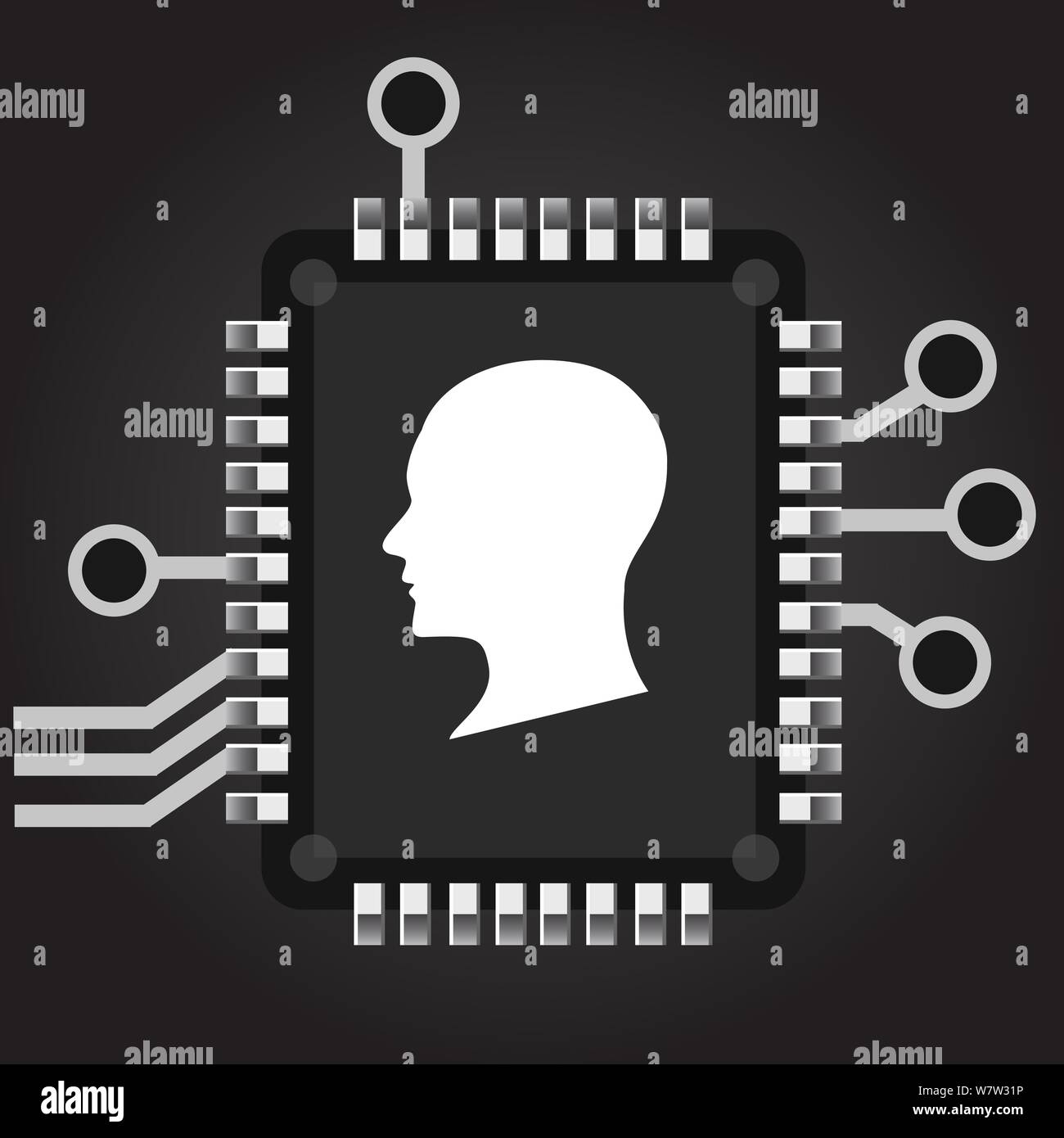 Intelligenza artificiale. Testa umana delineare con scheda di circuito chip processore interno. Tecnologia e concetto elettronico. Illustrazione Vettoriale