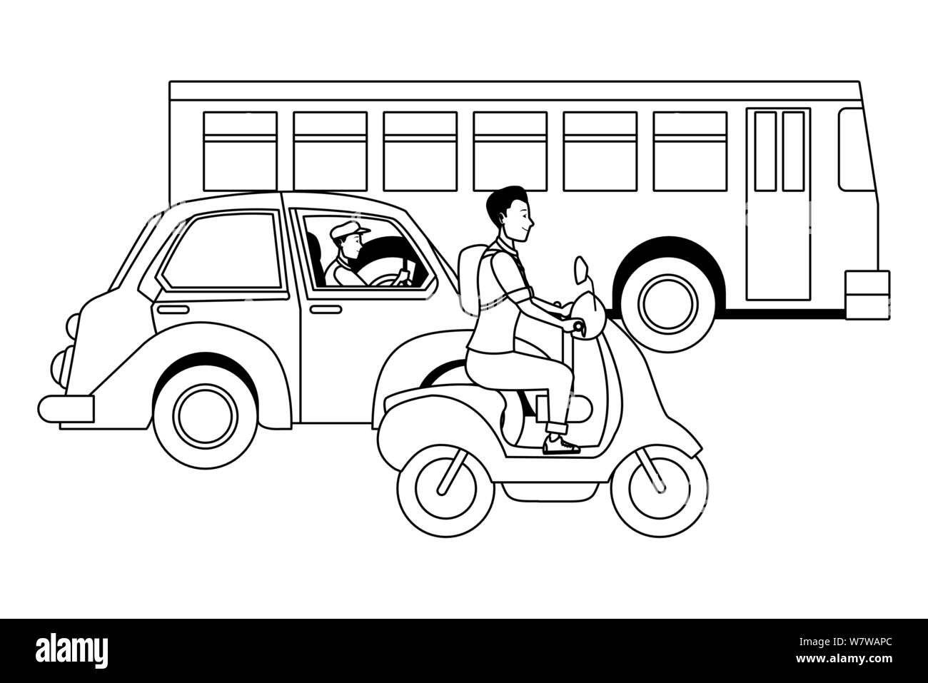 Veicoli e motocicli con driver di equitazione in bianco e nero Illustrazione Vettoriale