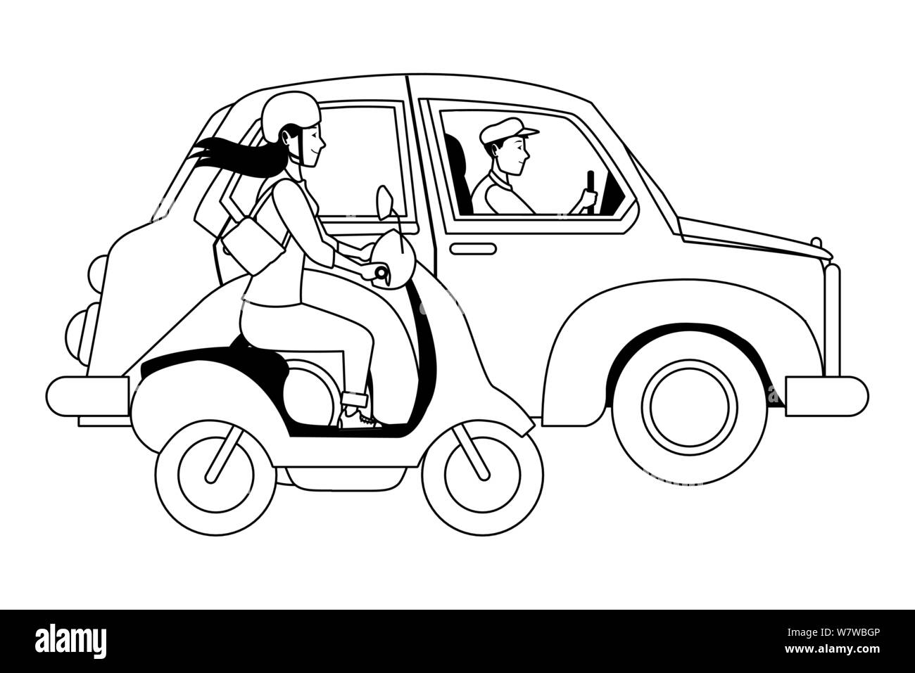 Il veicolo e il motociclo con driver di equitazione in bianco e nero Illustrazione Vettoriale