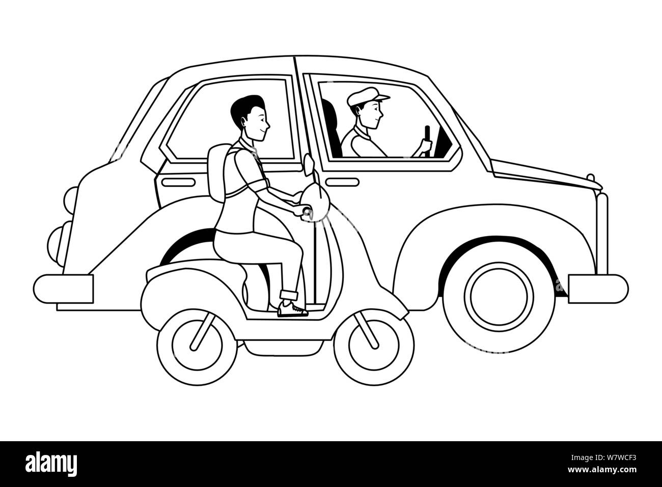 Il veicolo e il motociclo con driver di equitazione in bianco e nero Illustrazione Vettoriale