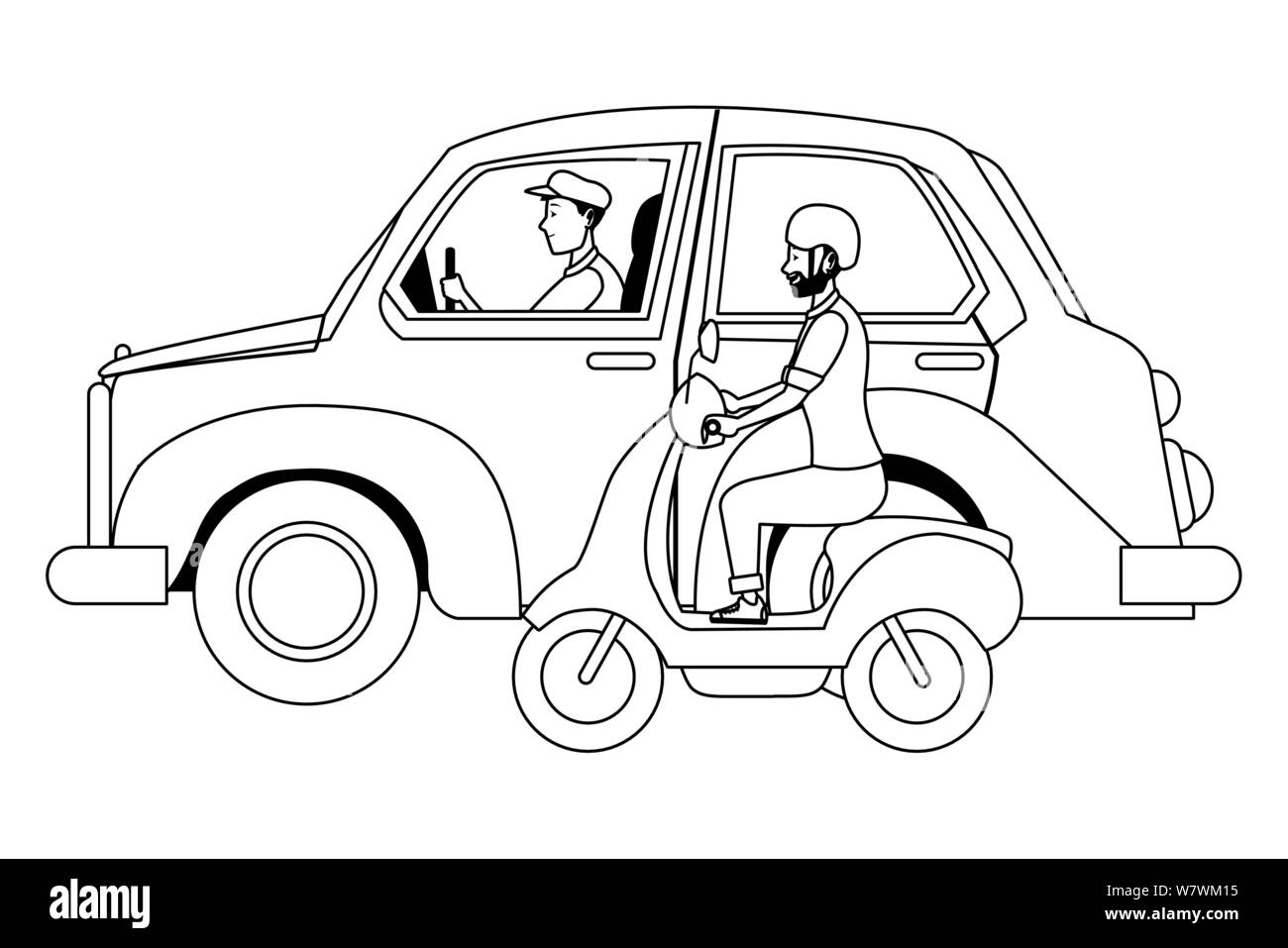 Il veicolo e il motociclo con driver di equitazione in bianco e nero Illustrazione Vettoriale