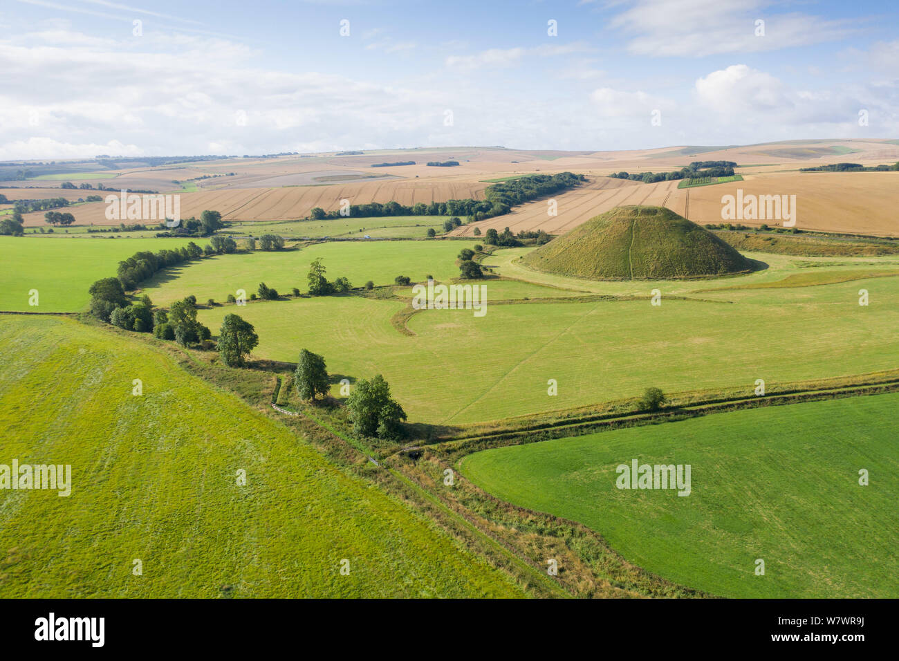 Silbury Hill, Nr Avebury, Wiltshire, Regno Unito. Il 6 agosto 2019. L antico man-made tumulo di Silbury Hill telai nella distanza come avviene la mietitura io Foto Stock