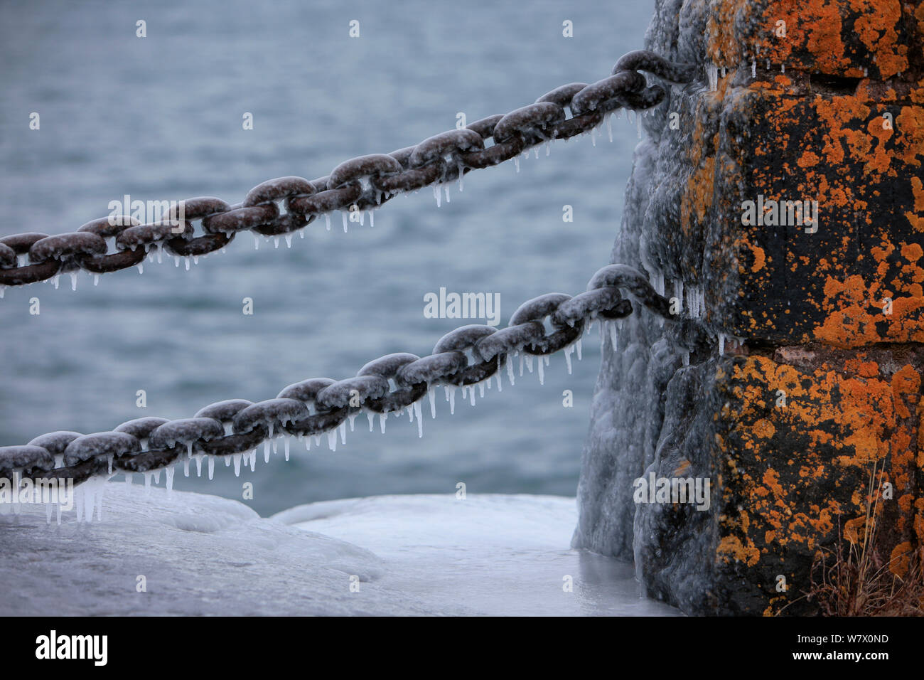 Di ghiaccio che ricopre il vecchio arrugginito chain & barriera di pietra, Lago Superior, Gooseberry Falls State Park, Minnesota, Dicembre. Foto Stock