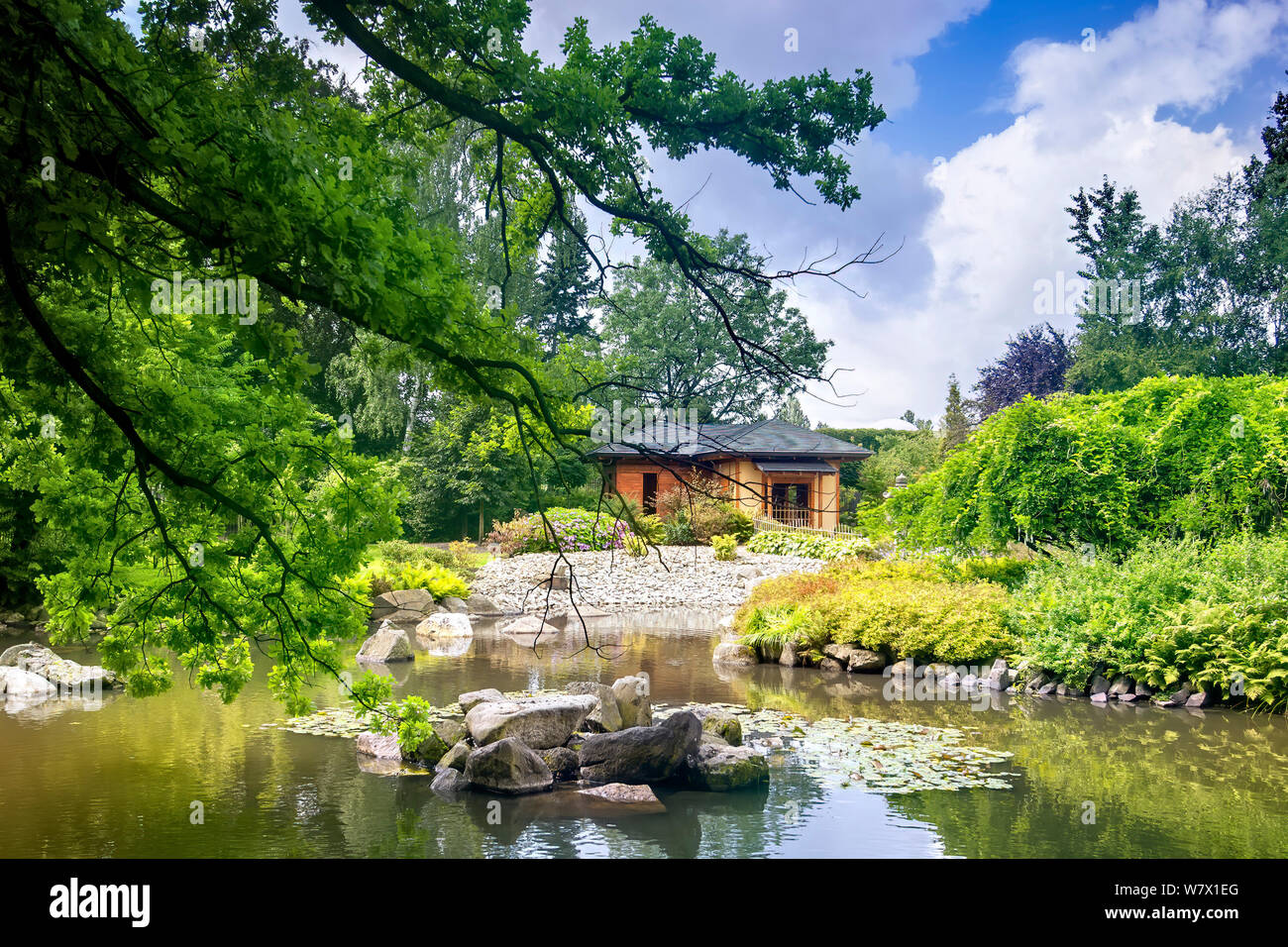 Giardino giapponese in estate Foto Stock