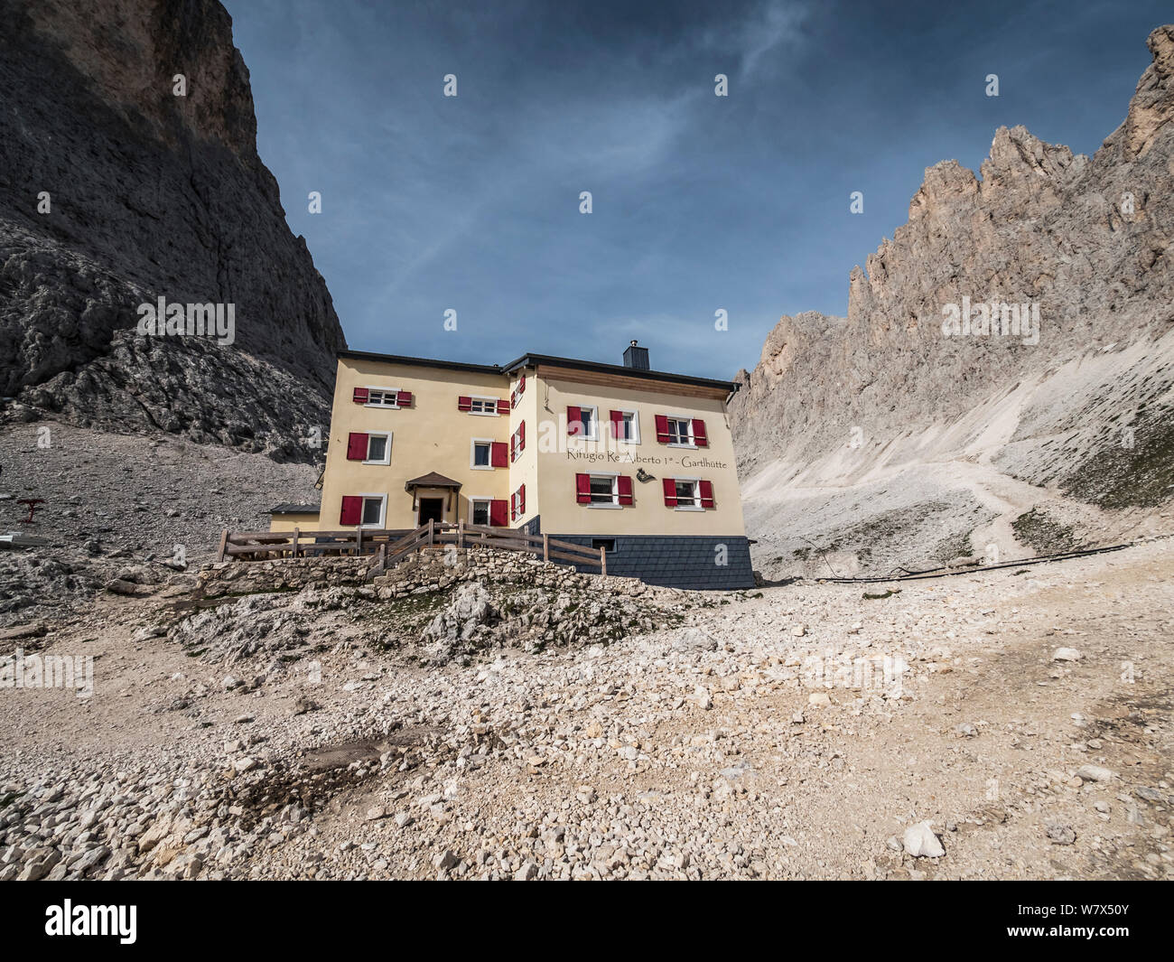 Il Gartl capanna rifugio conosciuto anche come il Refugio Alberto nel Catinaccio Vajolet torri area del Dolomiti italiane l'Alto Adige Foto Stock