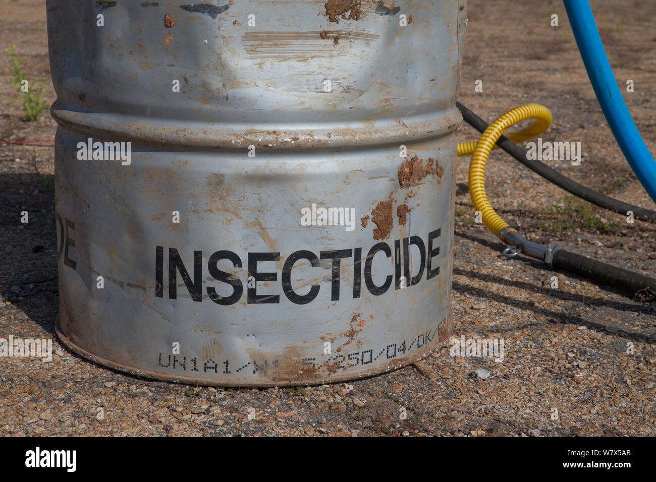 Canna con insetticida per Cibo ed Organizzazione di Agricoltura (FAO) azione di controllo contro la locusta migratoria (Locusta migratoria capito), Aeroporto Miandrivazo, Madagascar Dicembre 2013. Foto Stock