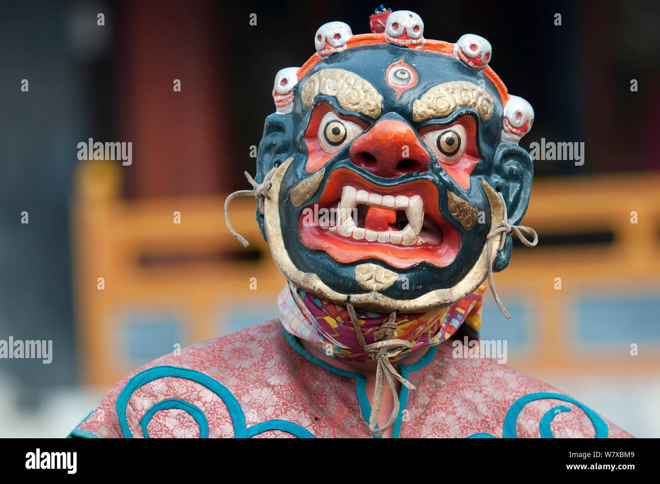 Zamcham (danza monastica). Gli artisti in questo ballo indossare maschere adirato e viene eseguita la danza per salvaguardare il luogo, che è stata neutralizzata dalla precedente Phagcham (pig dance). Torgya festival. Galdan Namge Lhatse Monastero Tawang, Arunachal Pradesh, India. Gennaio 2014. Foto Stock