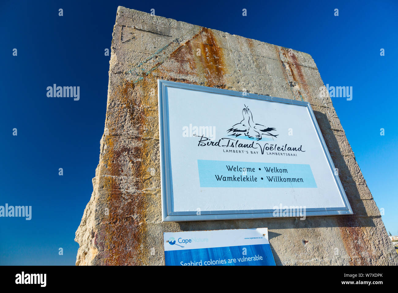 Segno di benvenuto su Bird Island, Lambert&#39;s Bay, provincia del Capo Occidentale, Sud Africa, settembre 2012. Foto Stock