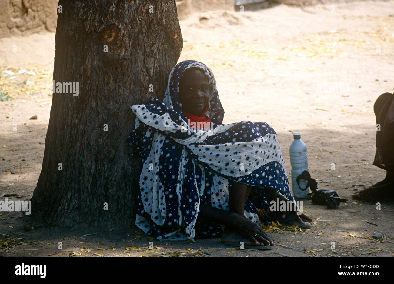 Villaggio sambuco riposo sotto alberi di acacia con bottiglia di latte nelle zone rurali, Ciad, 2002-2003. Foto Stock