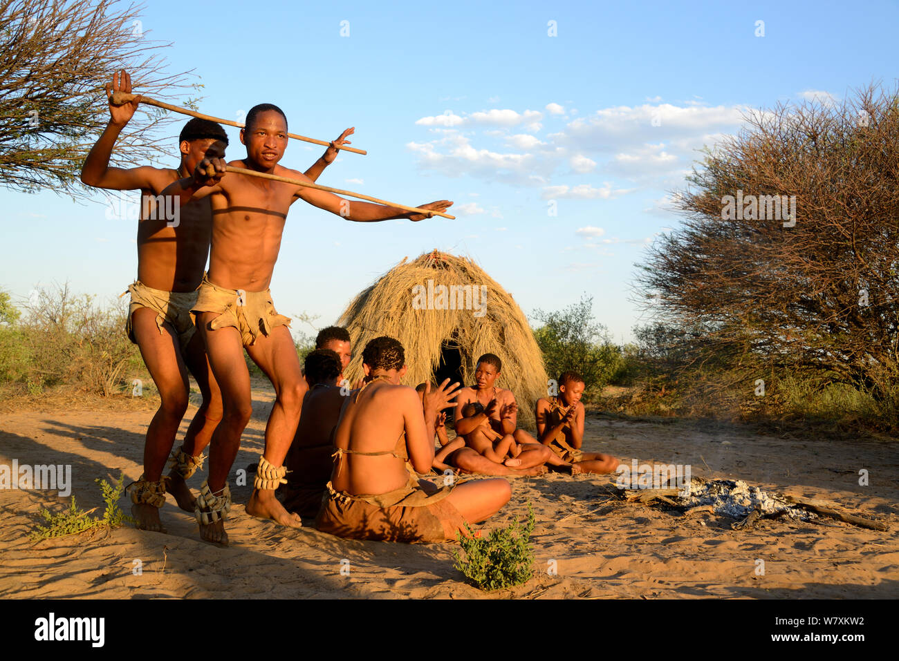 Naro Boscimani San con la famiglia di eseguire la danza tradizionale, il Kalahari, Ghanzi regione, Botswana, Africa. La stagione secca, ottobre 2014. Foto Stock