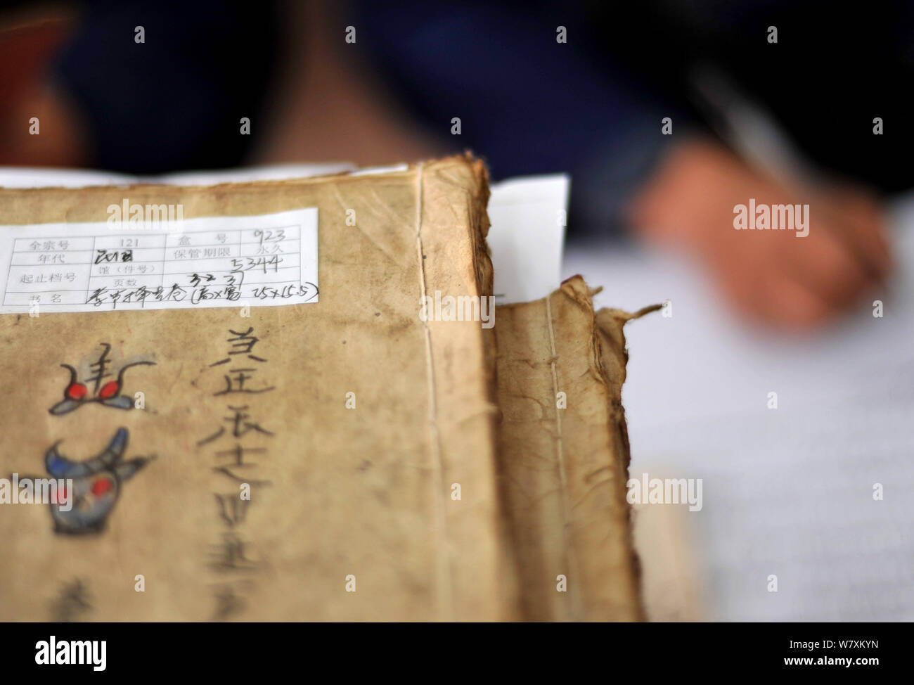 Uno studioso cinese Ordina libri di Shui script raccolti dalla gente del luogo in Cosmin Shui contea autonoma, a sud-ovest della Cina di Guizhou, 22 Marzo 2 Foto Stock