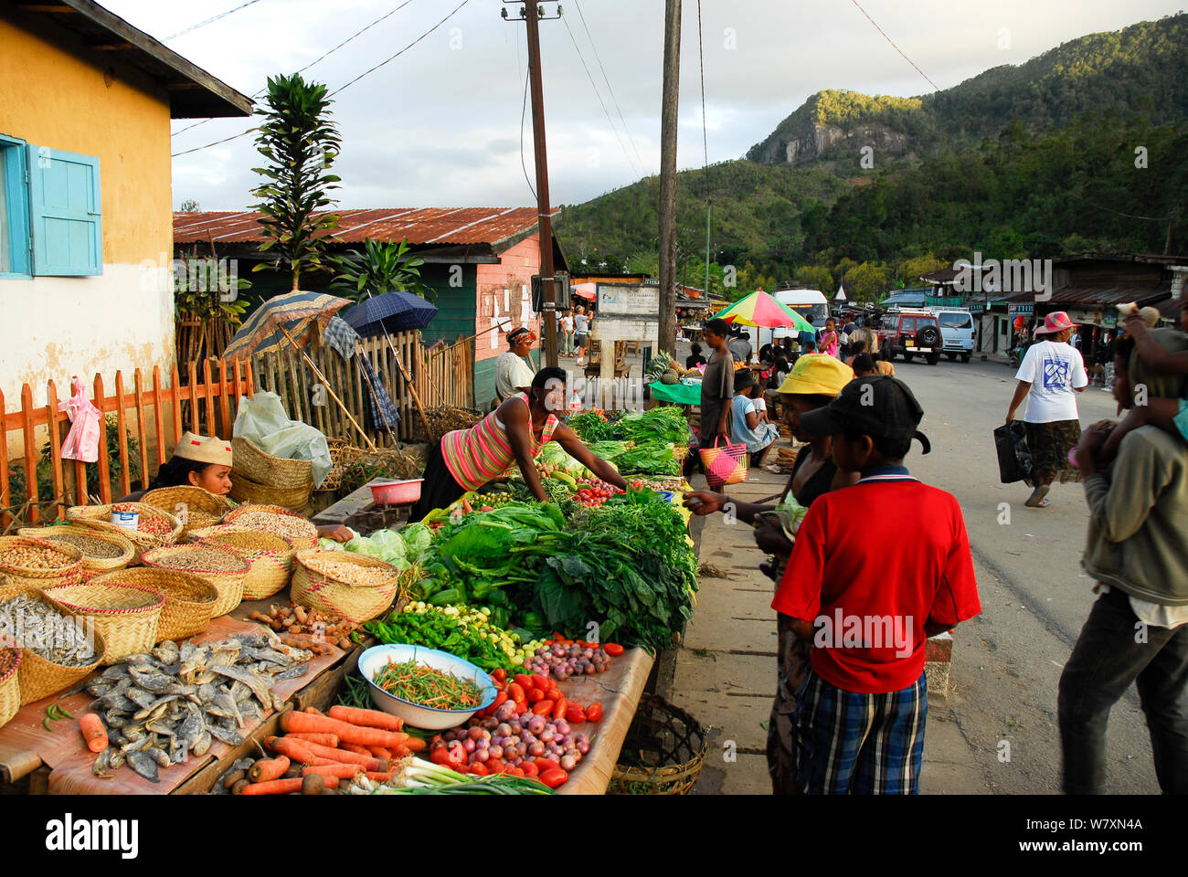 Bancarelle di frutta, villaggio di Ranomafana, Madagascar, febbraio 2005. Foto Stock