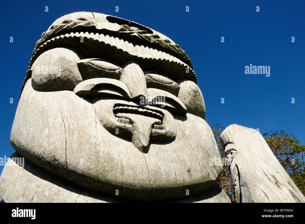 Scultura lignea del volto, Ile des Pins (Pine Island), Nuova Caledonia, settembre 2008. Foto Stock