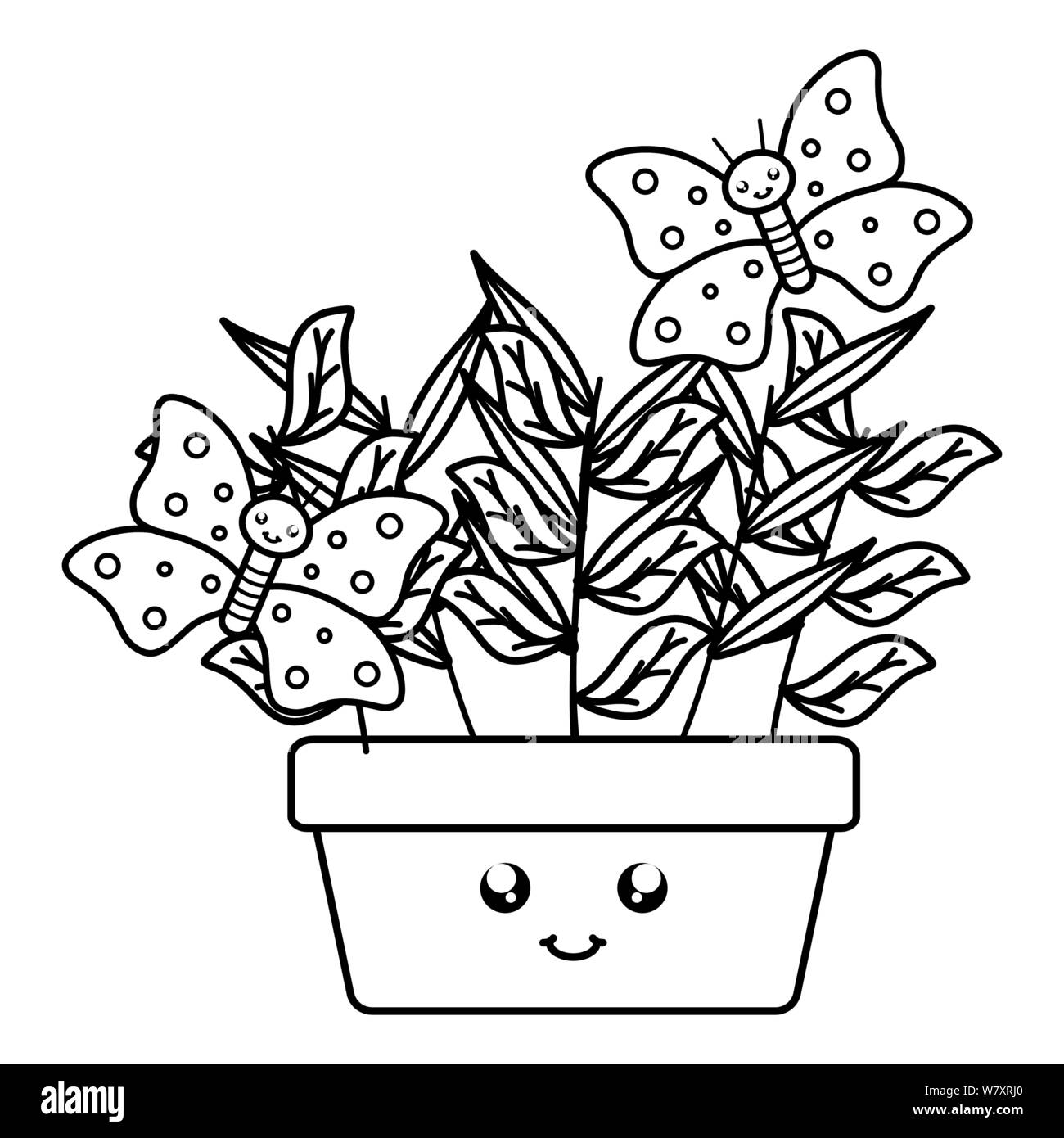 Pianta di casa in vaso di ceramica con farfalle kawaii style illustrazione vettoriale design Illustrazione Vettoriale