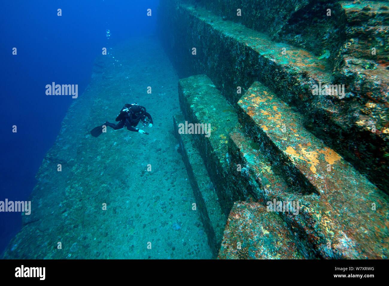 Diver esaminando la struttura in pietra arenaria di Yonaguni monumento sottomarino, Yonaguni, ad est del Mar della Cina, Giappone. Febbraio 2014. Foto Stock