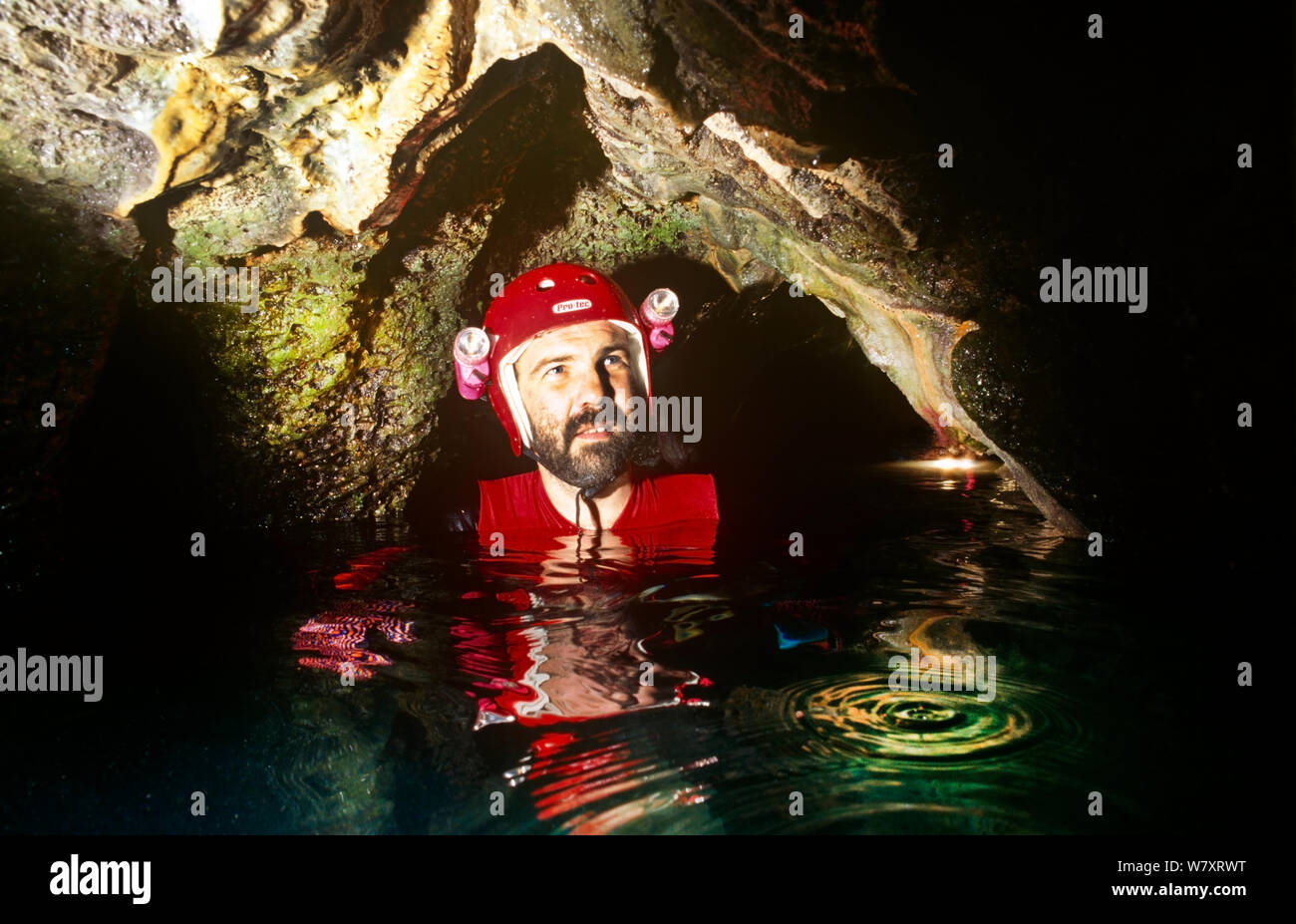 Produttore di BBC Neil Usignolo in un tunnel di calcare, Rock Islands, Palau. Foto Stock