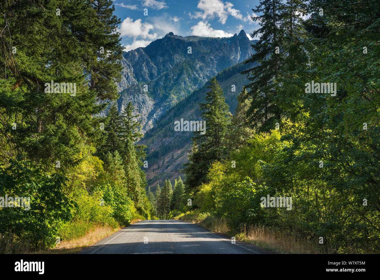 Incanto picchi a Stuart gamma, vista da Icicle Road, North Cascades, Okanogan-Wenatchee National Forest, vicino a Leavenworth, nello stato di Washington, USA Foto Stock