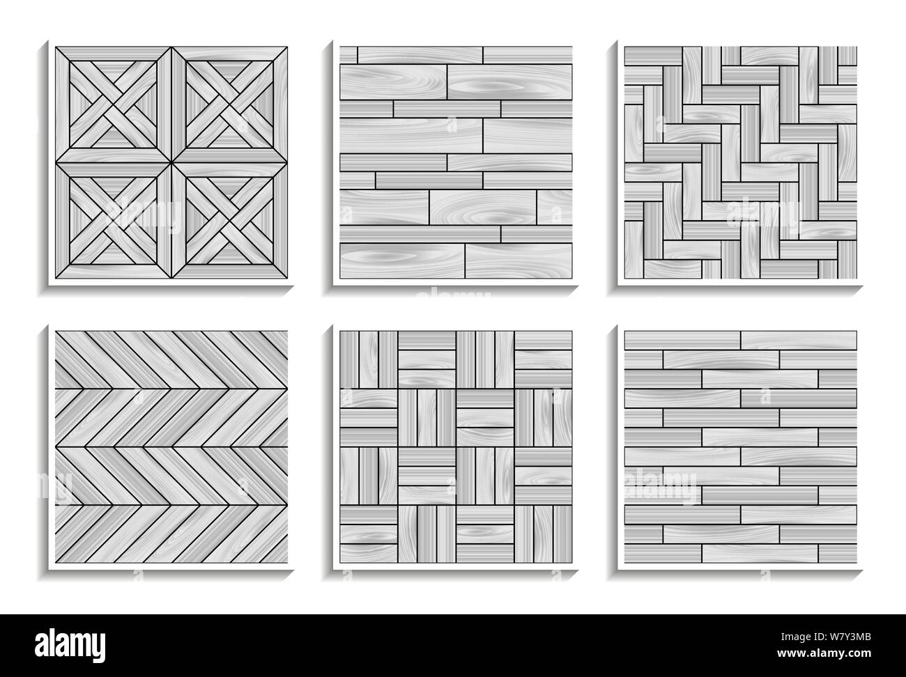 Set di grigio parquet seamless textures. In bianco e nero dei modelli di materiali in legno Illustrazione Vettoriale