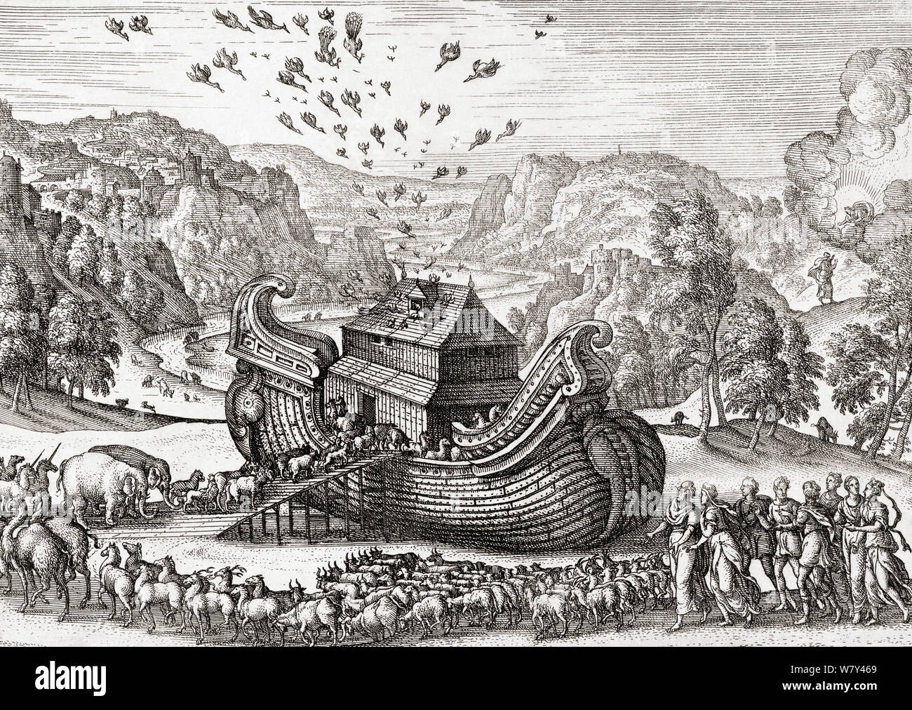 Noè e la sua famiglia, gli animali e gli uccelli immettere l'arca. Dopo un secolo XVII la stampa. Foto Stock