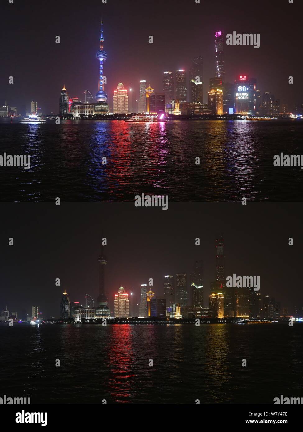 Questo composito foto mostra il Quartiere Finanziario di Lujiazui con alti edifici e grattacieli prima (superiore) e durante l'Ora della Terra la campagna Foto Stock
