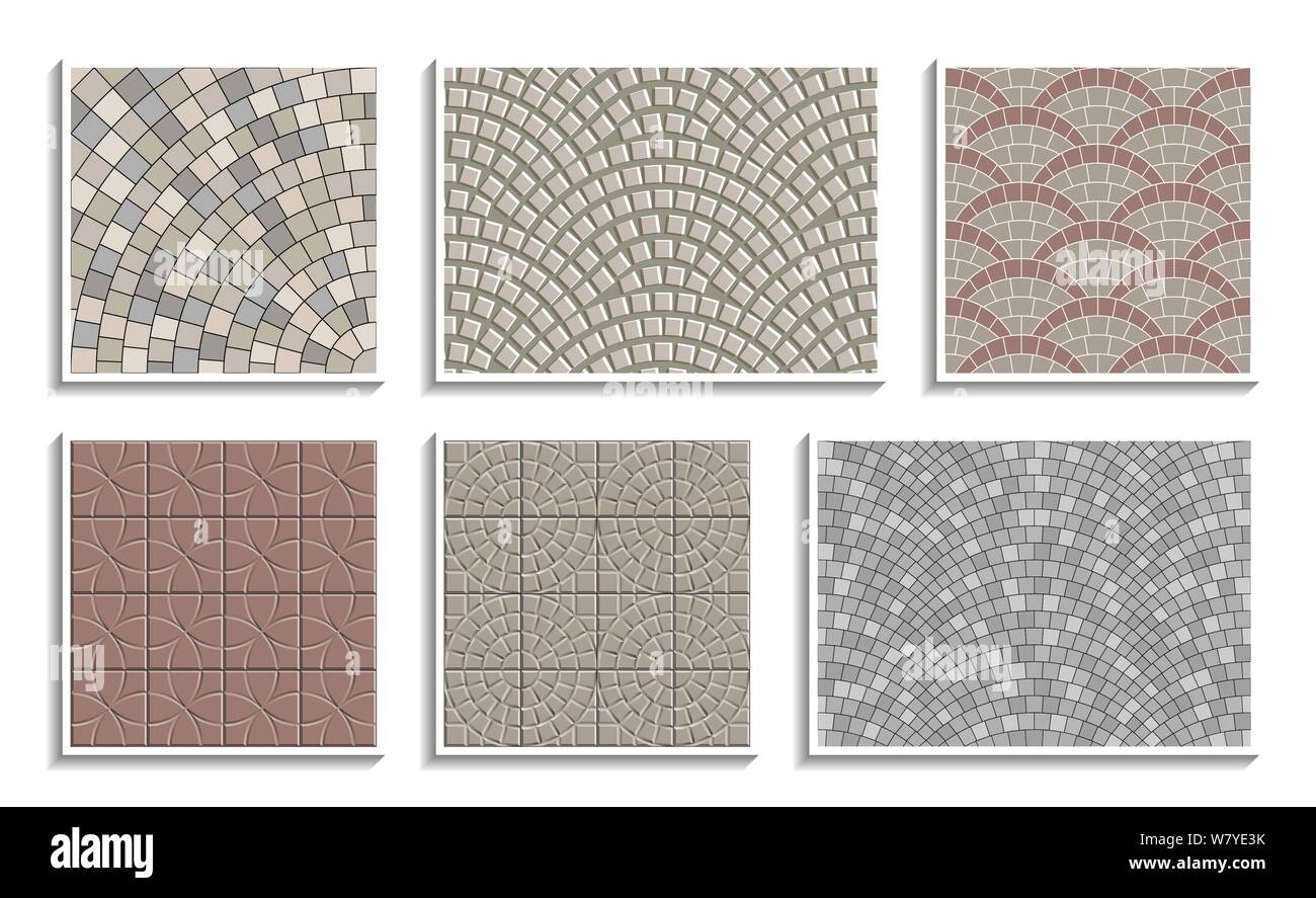 Set di seamless round pavement texture. Vettore modelli di ripetizione radiale di materiale lapideo Illustrazione Vettoriale