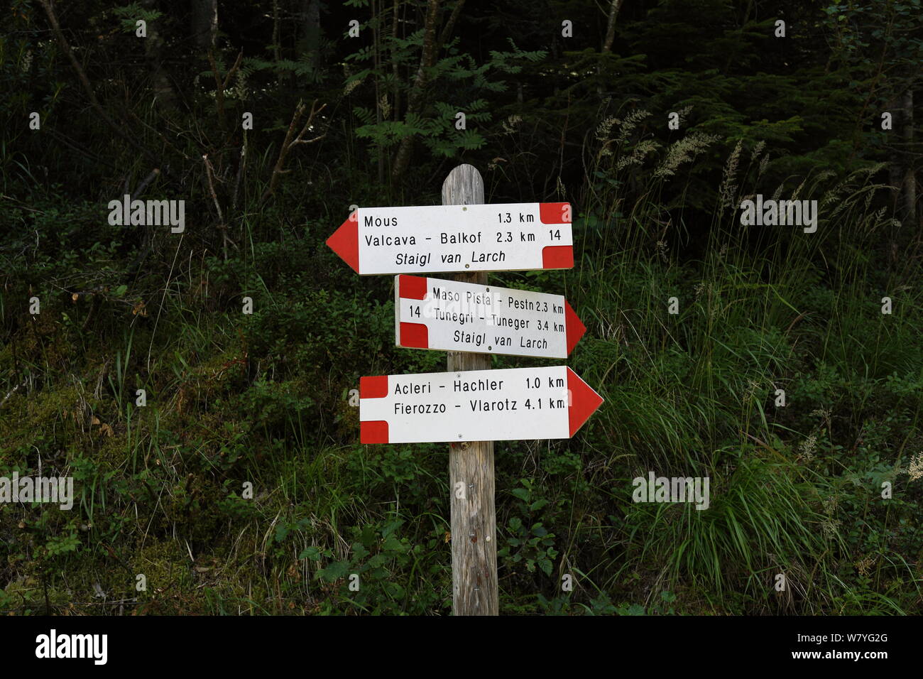 Segni con le indicazioni per alta i sentieri di montagna in Trentino Alto Adige, Italia Foto Stock