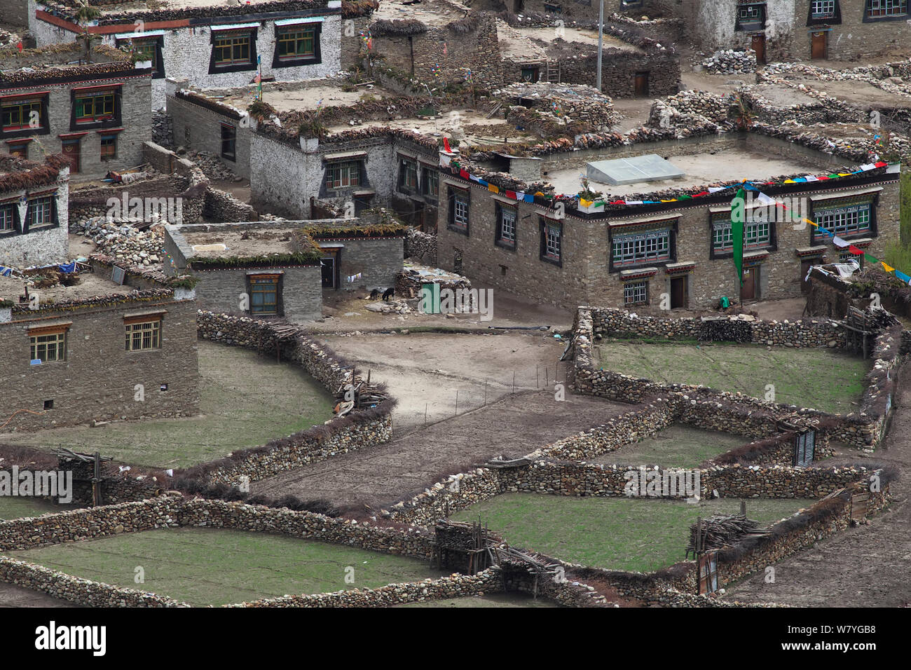 Tradizionalmente costruite case e muri in pietra a secco, Makalu Mountain, Mount Qomolangma National Park, Dingjie County, Tibet, Cina, maggio 2013. Foto Stock
