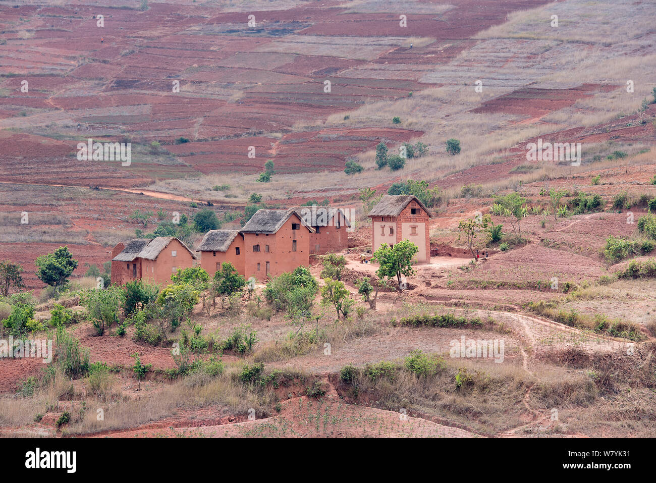 Case nel paesaggio eroso lungo la RN7 tra Antsirabe e Fianarantsoa , Madagascar. Foto Stock