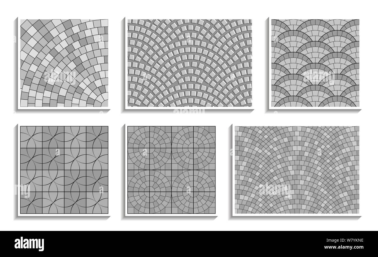 Set di scale di grigi seamless round pavement texture. Vettore modelli di ripetizione radiale di materiale lapideo Illustrazione Vettoriale