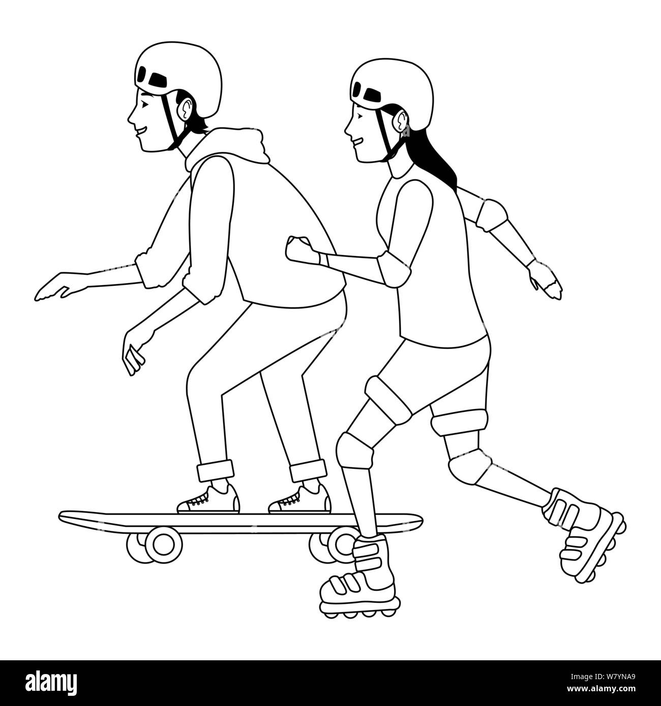 I giovani su skateboard e pattini in bianco e nero Illustrazione Vettoriale