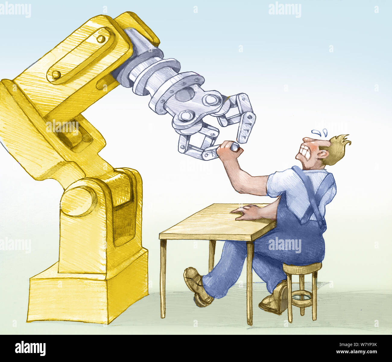 Un lavoratore rende un disperato braccio lottano con un robot per mantenere il suo posto di lavoro Foto Stock