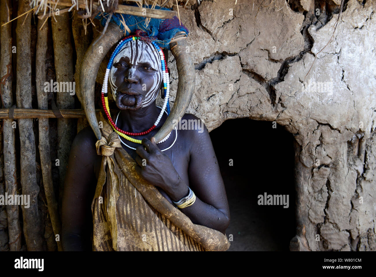 Donna sposata con abiti tradizionali e ornamenti con il suo labbro rimosso la piastra, la tribù dei Mursi, Parco Nazionale di Mago. Etiopia, Novembre 2014 Foto Stock