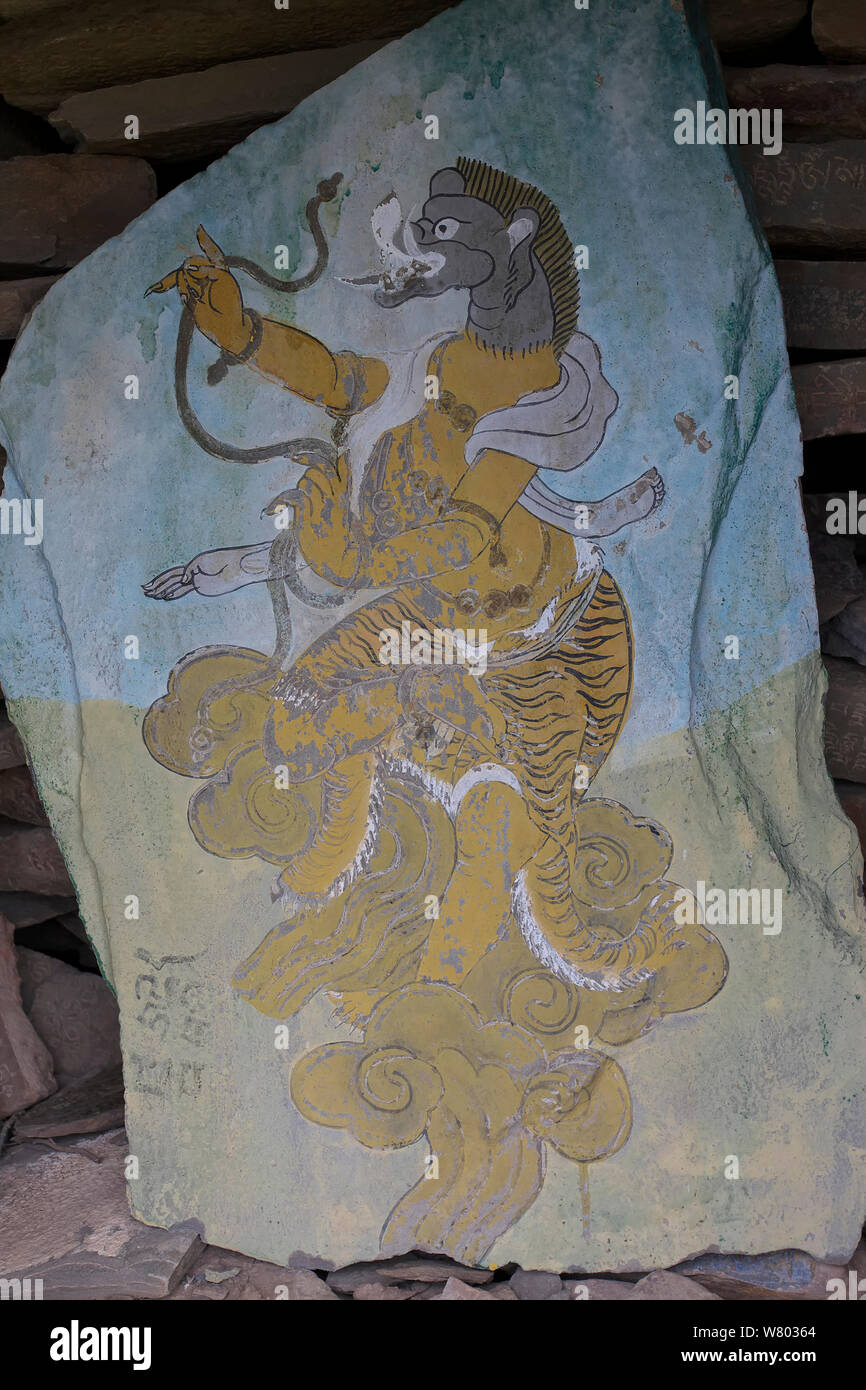 Tradizione Buddista Tibetana artwork, Serxu, Shiqu county, nella provincia di Sichuan, Qinghai-Tibet altopiano, Cina. Agosto 2010. Foto Stock