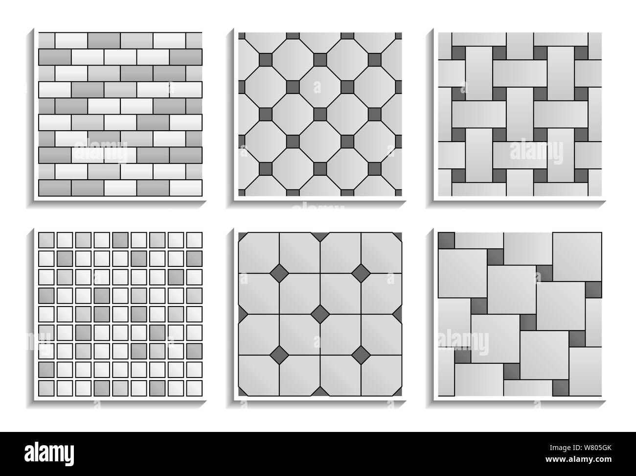 Set di scale di grigi seamless pavimenti e rivestimenti texture. In bianco e nero dei modelli di mosaico, alla metropolitana, mattoni, campana, Ottagono, dot, canestro Illustrazione Vettoriale
