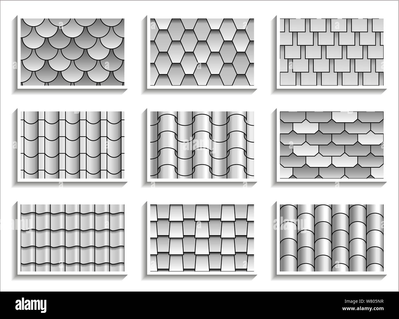 Set di scale di grigi seamless tegole del tetto texture. In bianco e nero motivi grafici di materiali sul tetto Illustrazione Vettoriale